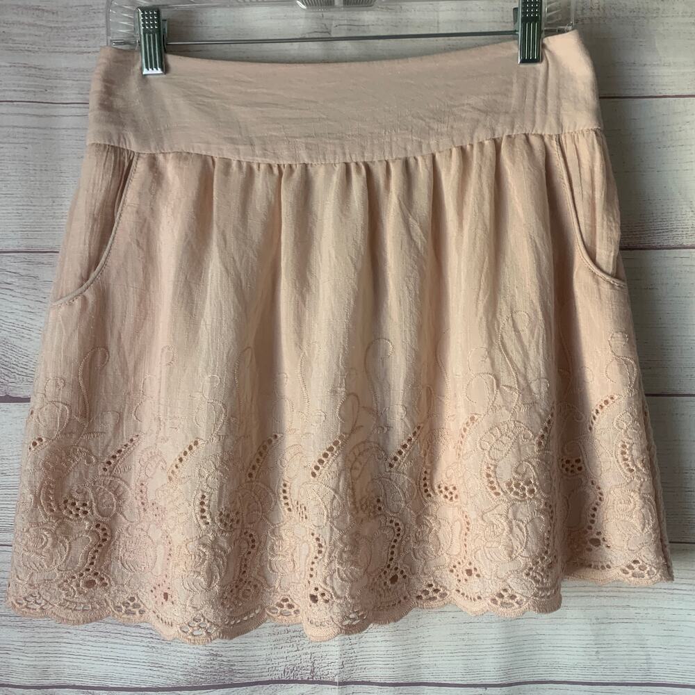 Stooshy Blush Pink Embroidered Eyelet Scalloped Mini Skirt Pockets Size Medium